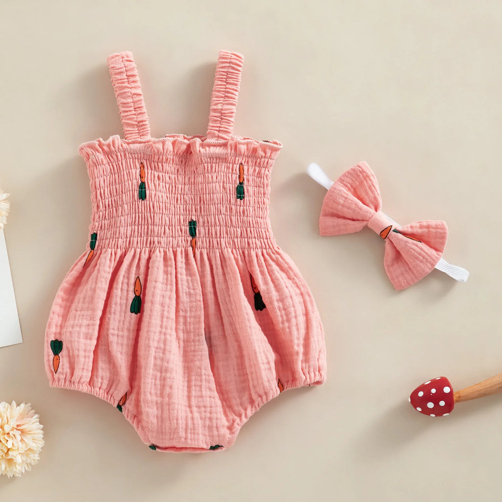 Baby Girl 2Pcs Summer Outfits, Sleeveless Cherry/Carrot/Tree Print Romper with Headband