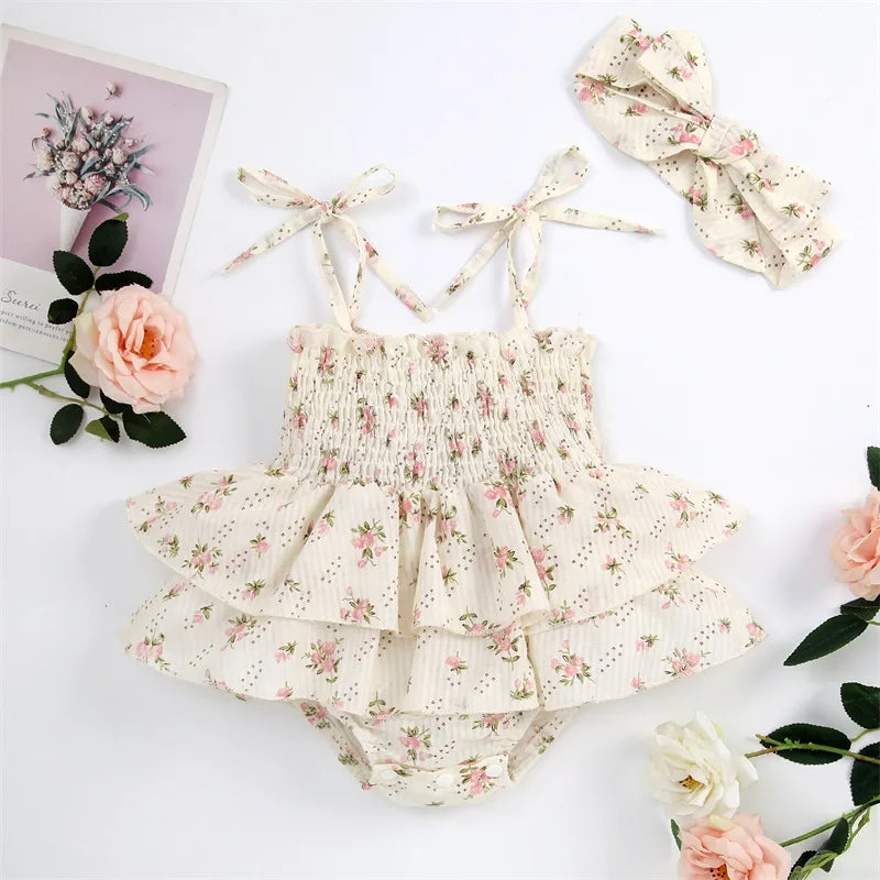 Baby Girl Summer Jumpsuit Set Floral Elasticated Bust Sleeveless Ruffled Romper with Bow Headband