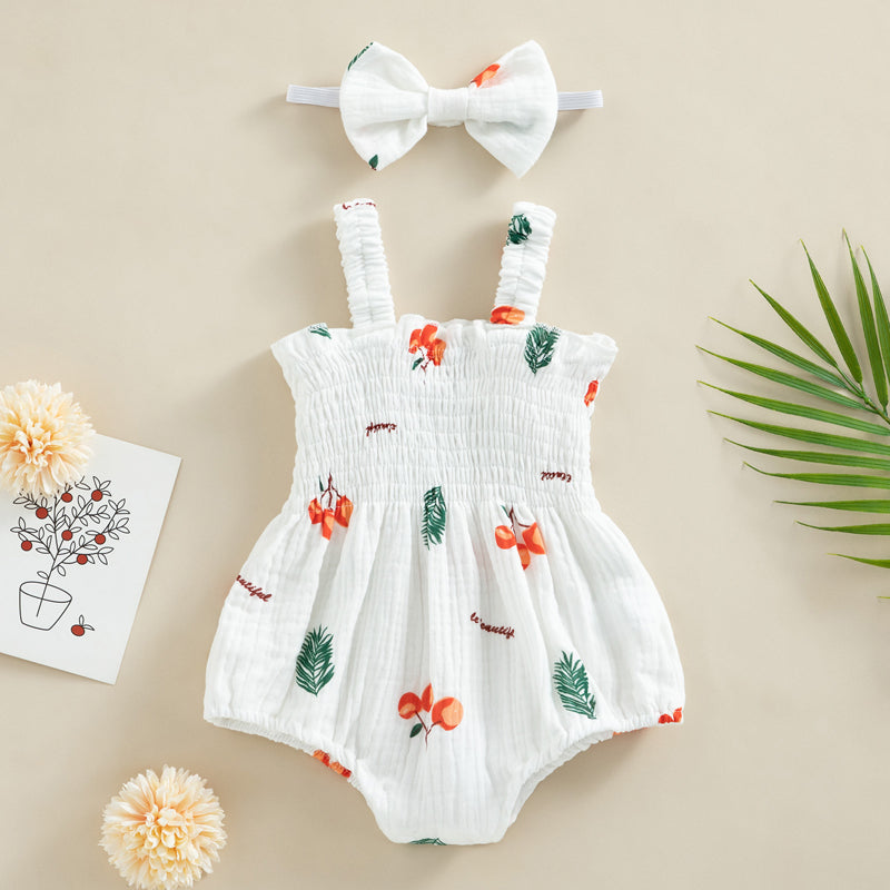 Baby Girl 2Pcs Summer Outfits, Sleeveless Cherry/Carrot/Tree Print Romper with Headband