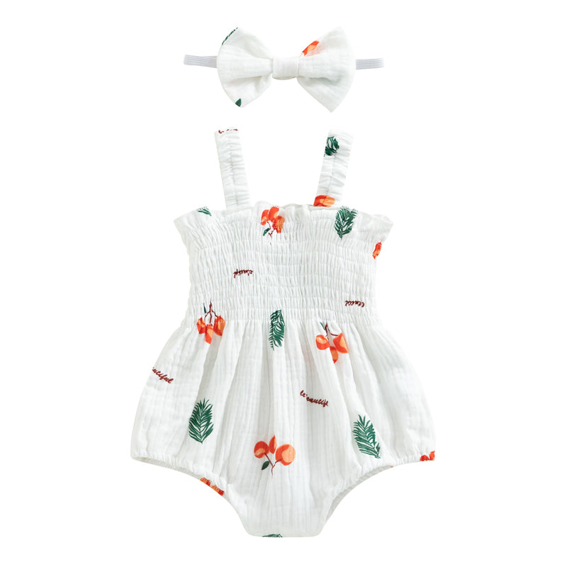 Baby Girl 2Pcs Summer Outfits, Sleeveless Cherry/Carrot/Tree Print Romper with Headband