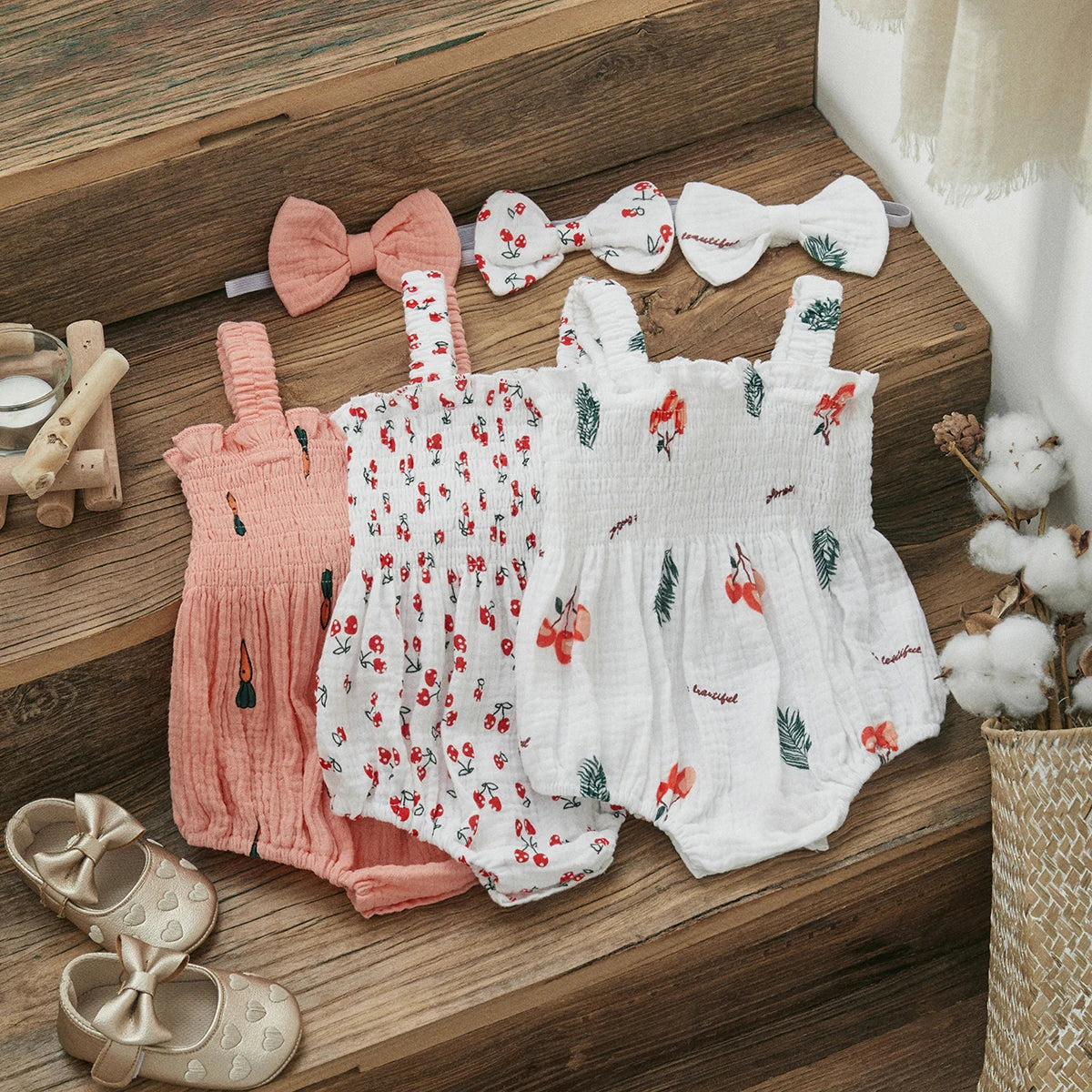 Baby Girls Jumpsuit Ruffles Sleeveless Cherry