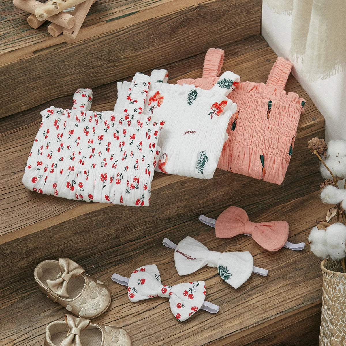 Baby Girls Jumpsuit Ruffles Sleeveless Cherry