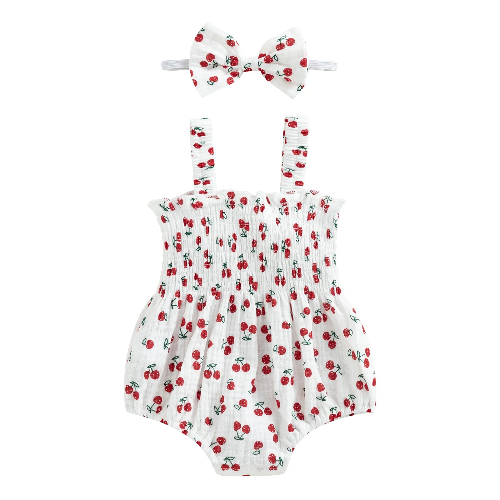 Baby Girl 2Pcs Summer Outfits, Sleeveless Cherry/Carrot/Tree Print Romper with Headband