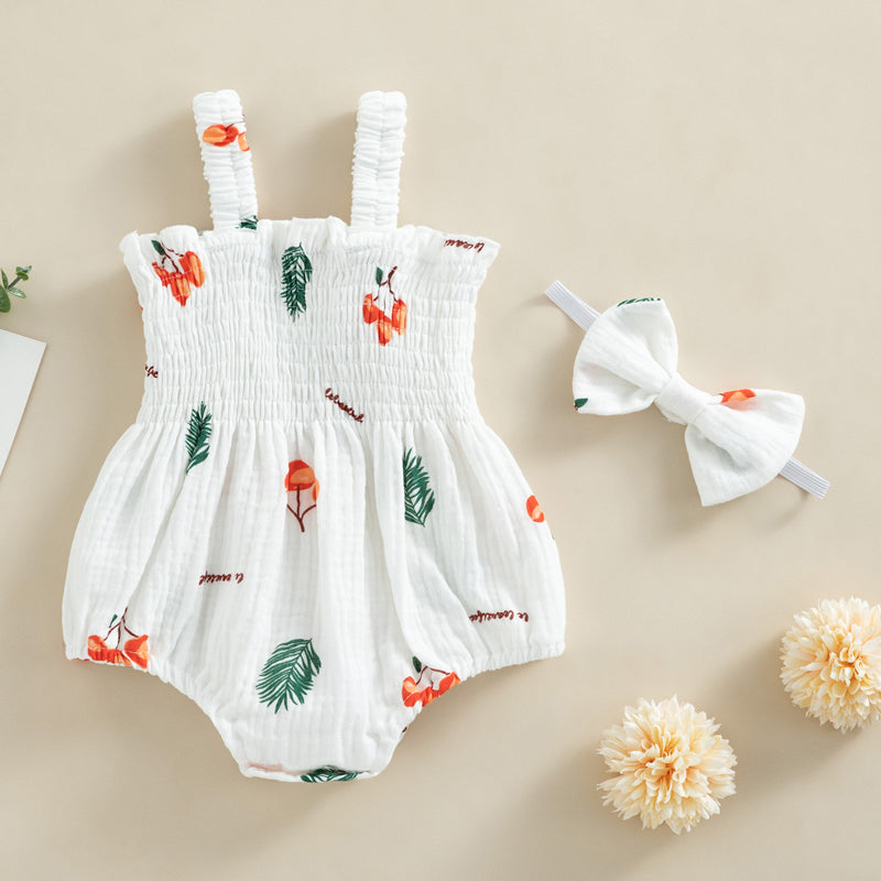 Baby Girl 2Pcs Summer Outfits, Sleeveless Cherry/Carrot/Tree Print Romper with Headband