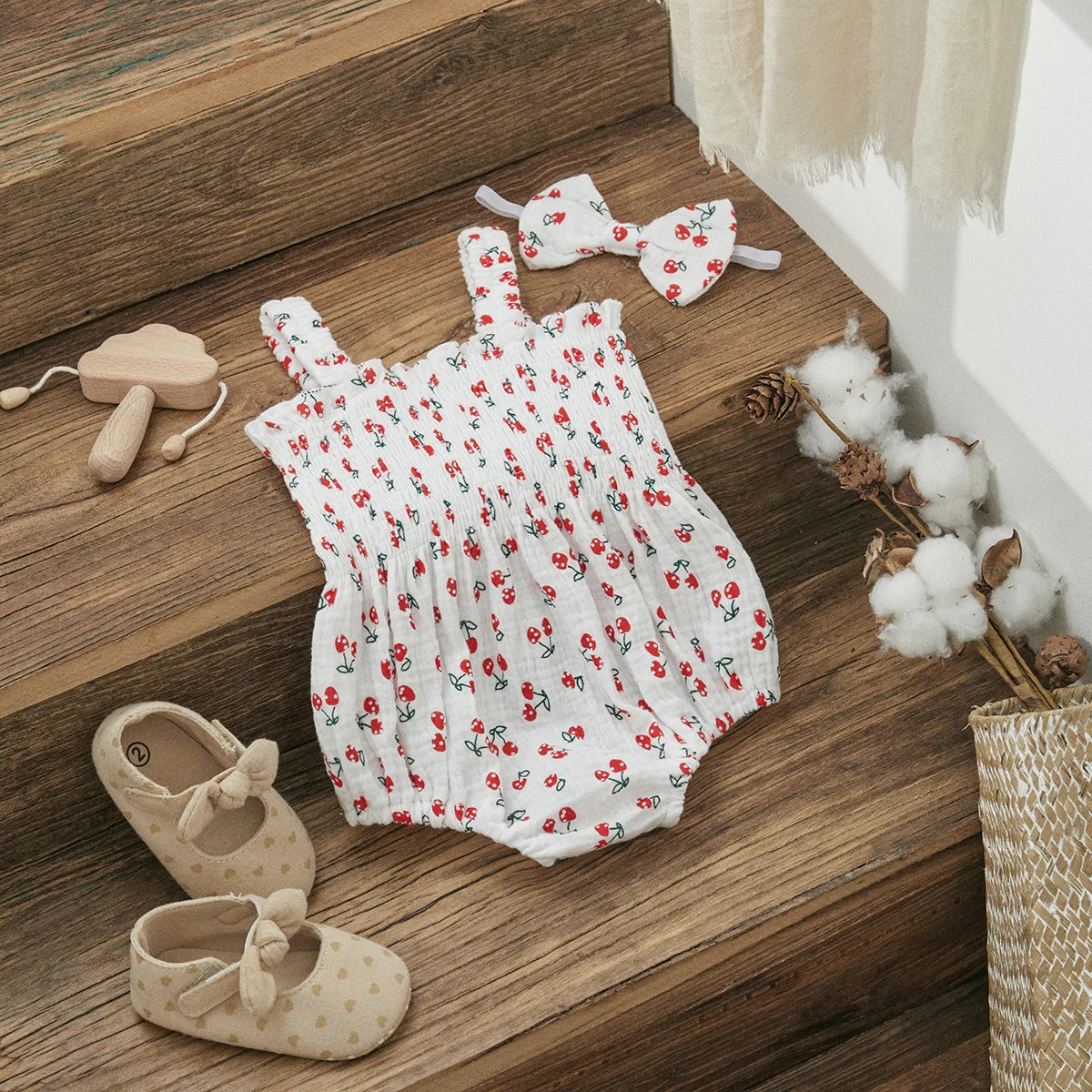 Baby Girls Jumpsuit Ruffles Sleeveless Cherry