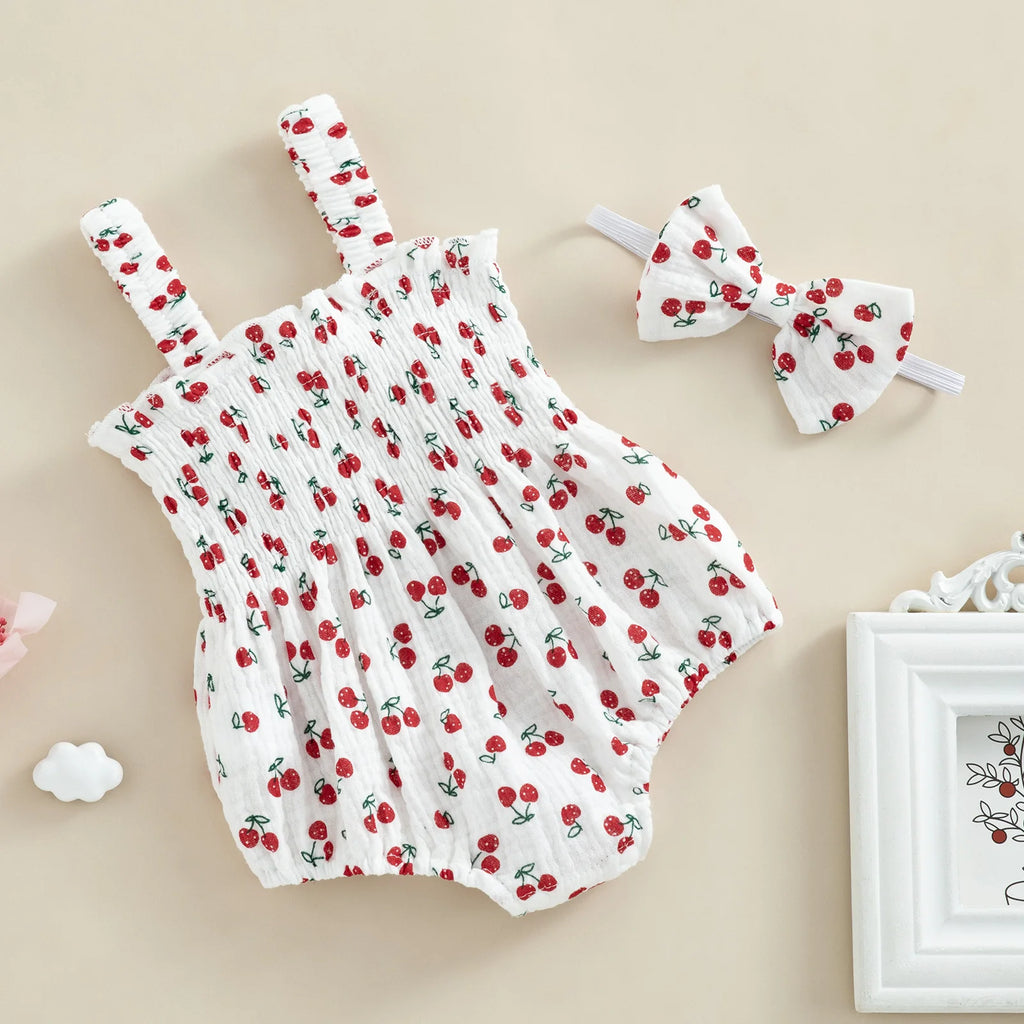 Baby Girl 2Pcs Summer Outfits, Sleeveless Cherry/Carrot/Tree Print Romper with Headband
