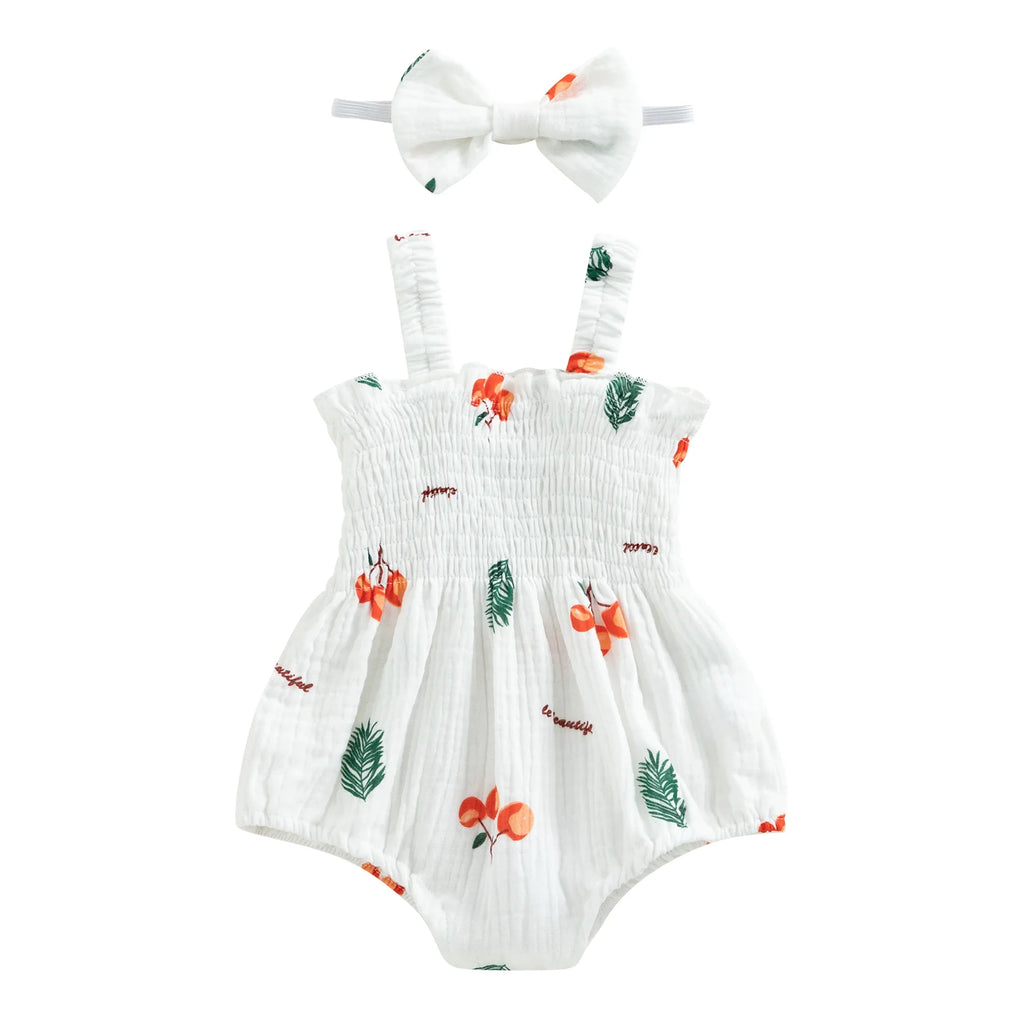 Baby Girl 2Pcs Summer Outfits, Sleeveless Cherry/Carrot/Tree Print Romper with Headband