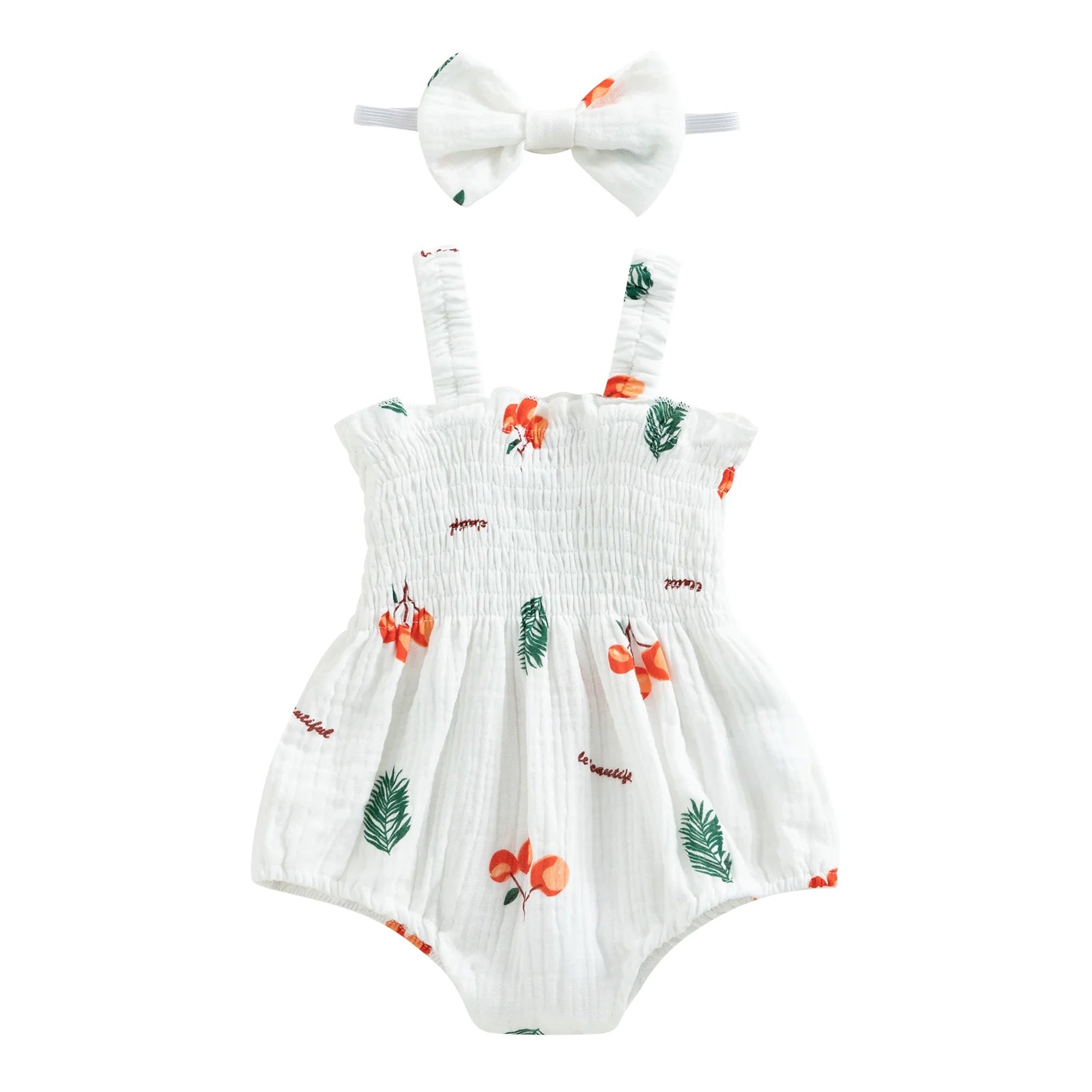 Baby Girl 2Pcs Summer Outfits, Sleeveless Cherry/Carrot/Tree Print Romper with Headband