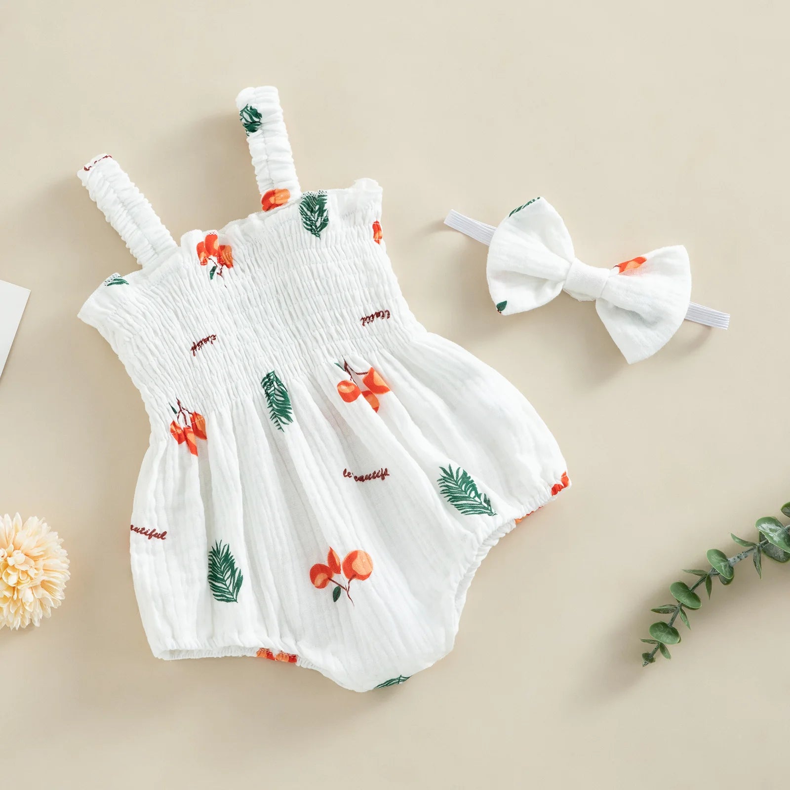 Baby Girl 2Pcs Summer Outfits, Sleeveless Cherry/Carrot/Tree Print Romper with Headband
