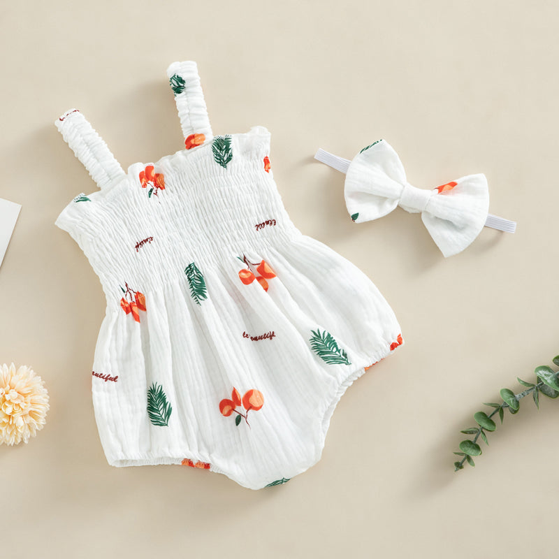 Baby Girl 2Pcs Summer Outfits, Sleeveless Cherry/Carrot/Tree Print Romper with Headband