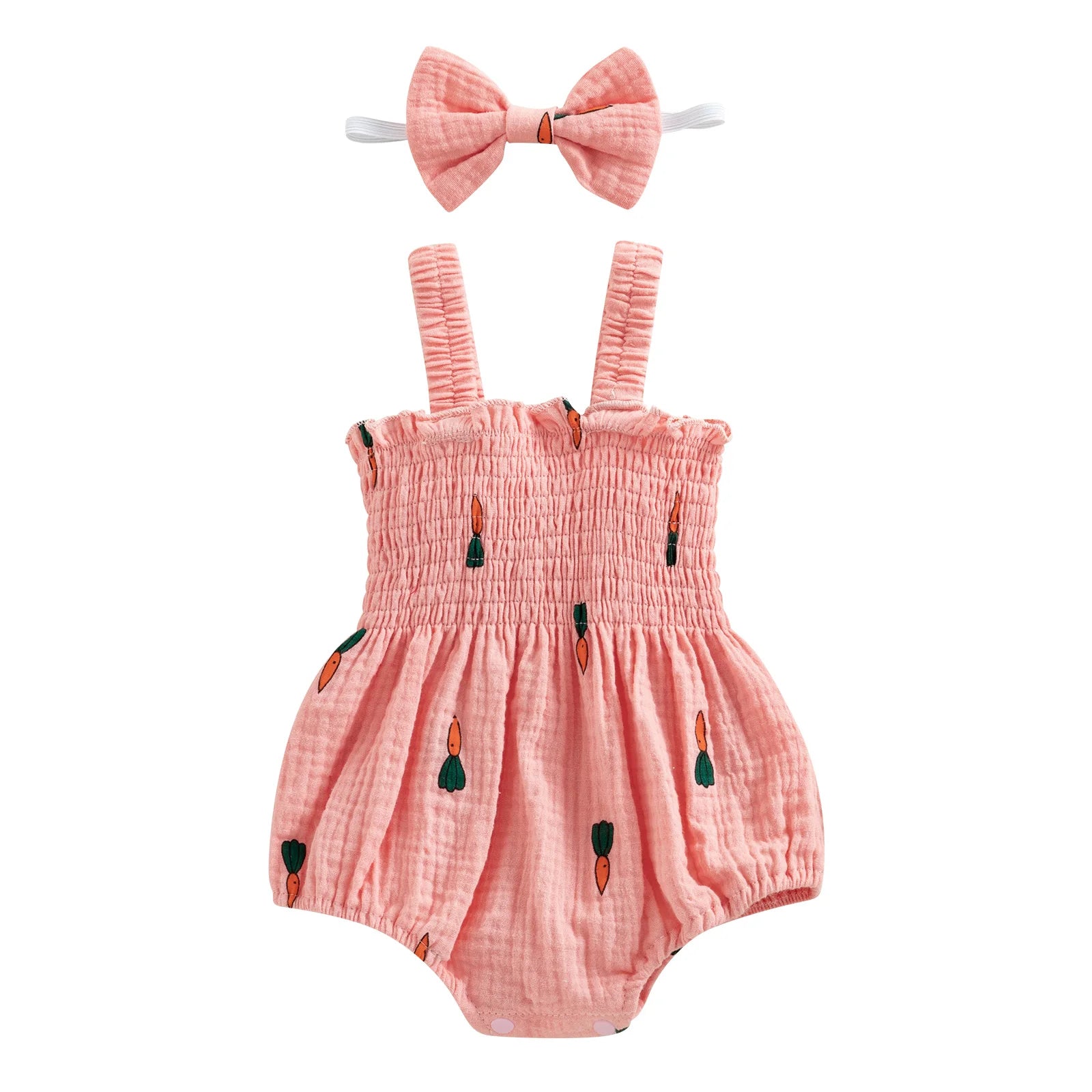 Baby Girl 2Pcs Summer Outfits, Sleeveless Cherry/Carrot/Tree Print Romper with Headband