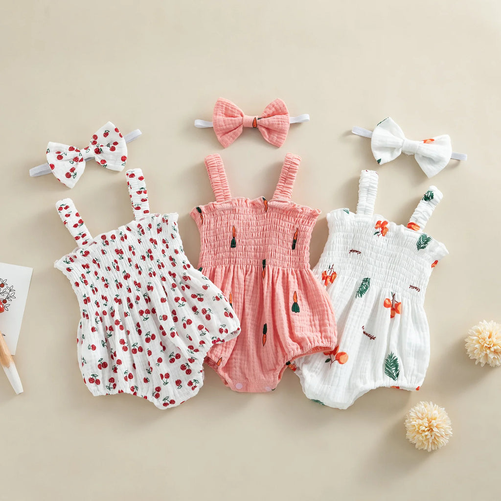 Baby Girl 2Pcs Summer Outfits, Sleeveless Cherry/Carrot/Tree Print Romper with Headband